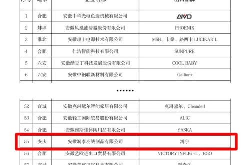 安徽润泰羽绒制品有限公司荣获"安徽省出口品牌"称号