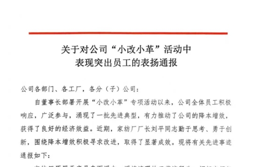 关于对公司“小改小革”活动中表现突出员工的表扬通报